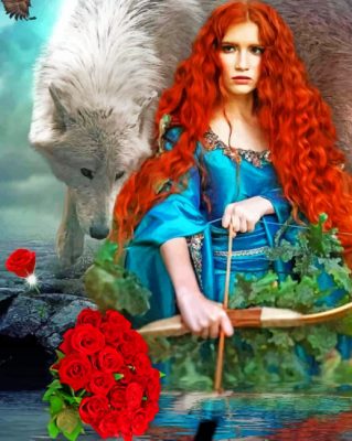 Redhead Girl And A Wolf paint by numbers