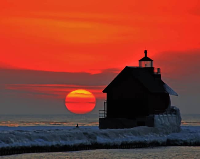 Silhouette Of House Beside Ocean painting by numbers