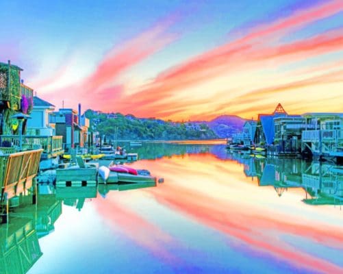 Houses And Sunset Reflection paint by numbers