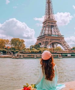 Woman Sitting In Front Of Eiffel Tower painting by numbers