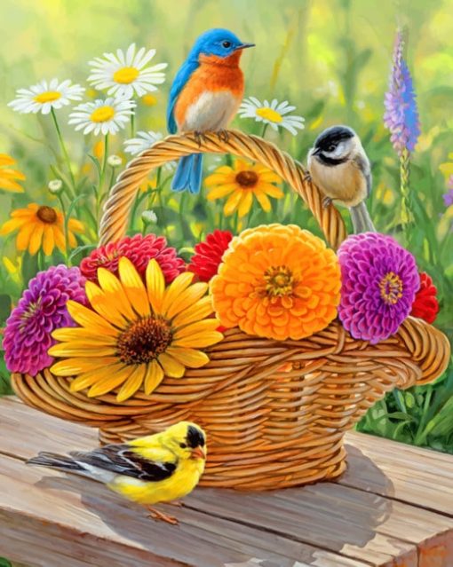 Birds On Flowers Basket paint by numbers