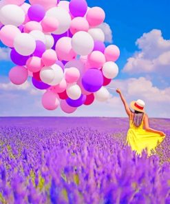 Girl Holding Balloons In Lavender Field paint by numbers