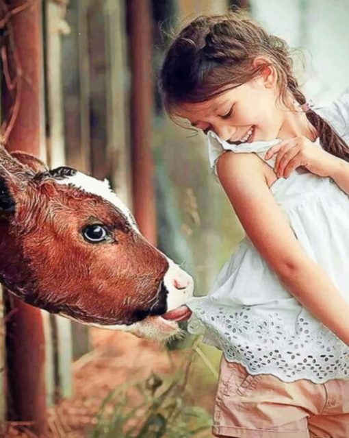 Cute Little Girl With Cow paint By Numbers