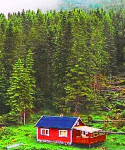 Forest Cabin Near River paint by numbers