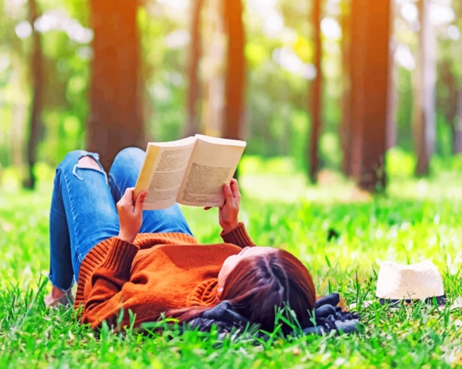 Girl Reading Book In Forest paint by numbers