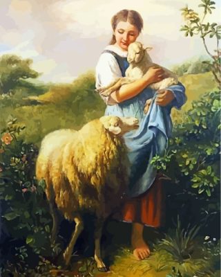 Sheep And Girl paint by numbers