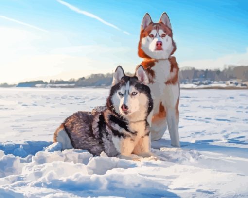 Aesthetic Huskies In Snow paint by numbers