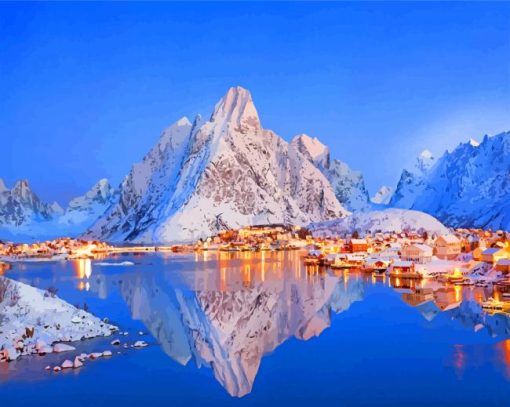 Mountain And Buildings Lofoten paint by numbers