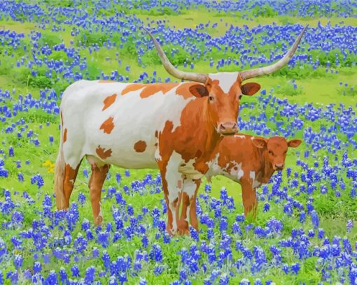 Longhorn And Calf In Bluebonnets paint by numbers