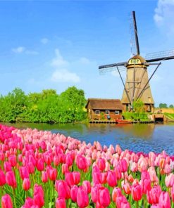 Windmills And Pink Flowers paint by numbers