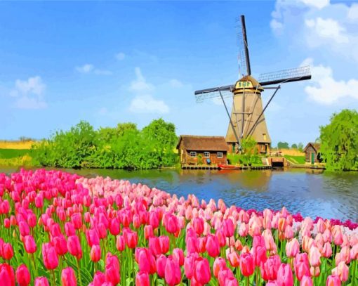Windmills And Pink Flowers paint by numbers