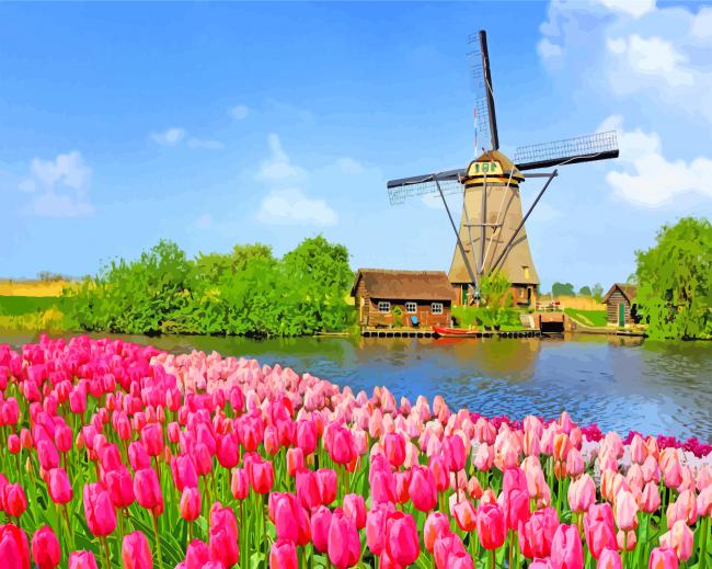 Windmills And Pink Flowers paint by numbers