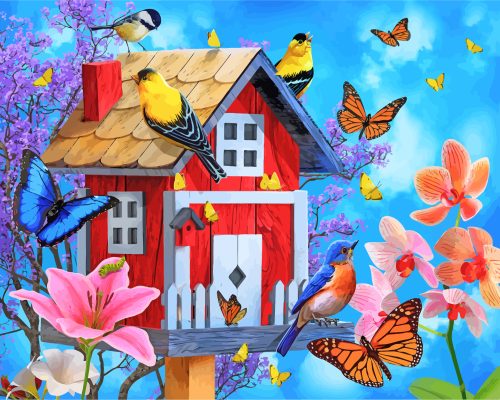 Birdhouse And Butterflies paint by numbers