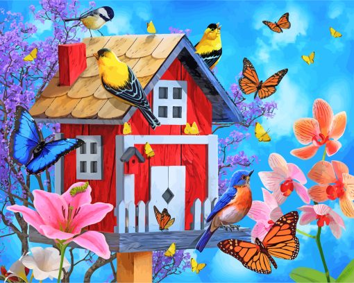 Birdhouse And Butterflies paint by numbers