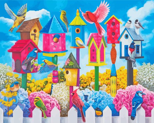 Colorful Birdhouses Row paint by numbers