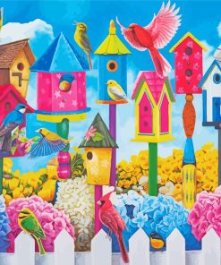 Colorful Birdhouses Row paint by numbers