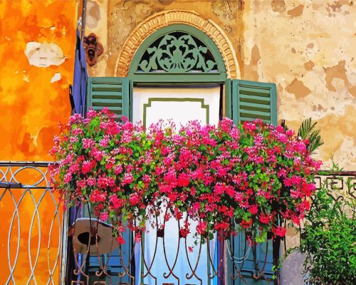 Balcony With Pink Flowers paint by numbers