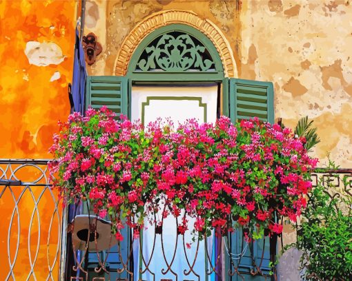 Balcony With Pink Flowers paint by numbers