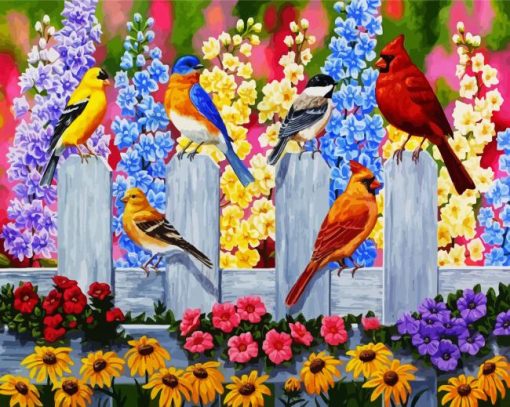 Birds On Garden Fence paint by numbers