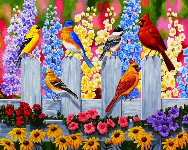 Birds On Garden Fence paint by numbers