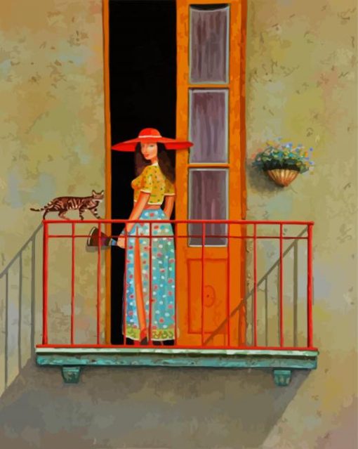 Girl And Her Cat On Balcony paint by numbers