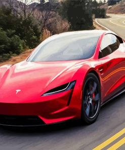 Red Tesla Car On Road paint by numbers