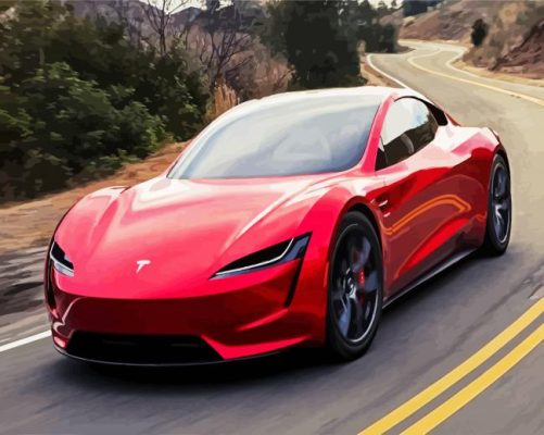 Red Tesla Car On Road paint by numbers