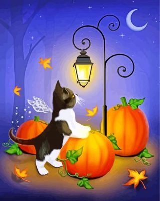 Fall Leaves And Cat On Pumpkin paint by numbers