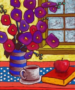 Purple Flowers And Cup Of Coffee paint by numbers