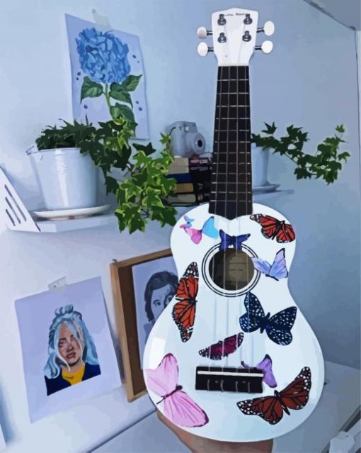 White Ukulele With Butterflies paint by numbers