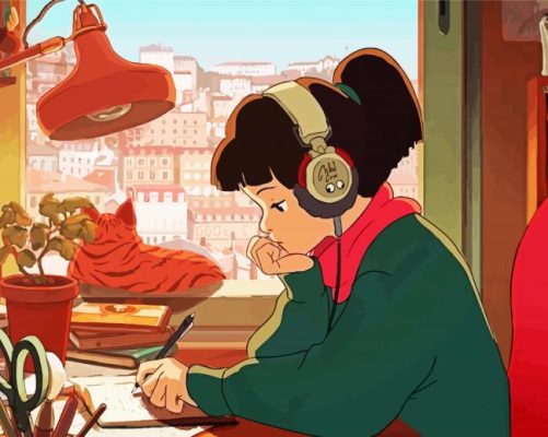 Anime Girl Studying paint by numbers