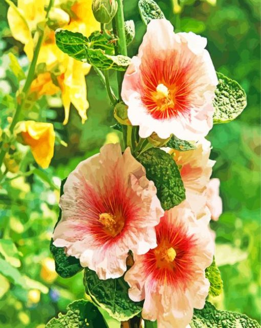 Blooming Hollyhocks Flowers paint by numbers