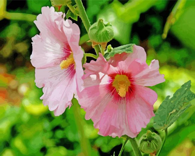 Blooming Pink Hollyhocks paint by numbers