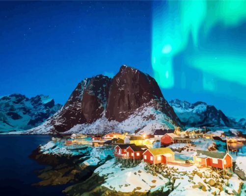 Houses At Northern Lights Night paint by numbers