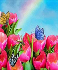 Pink Tulips And Butterflies paint by numbers