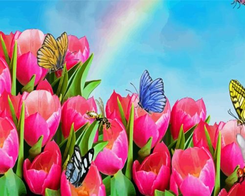 Pink Tulips And Butterflies paint by numbers