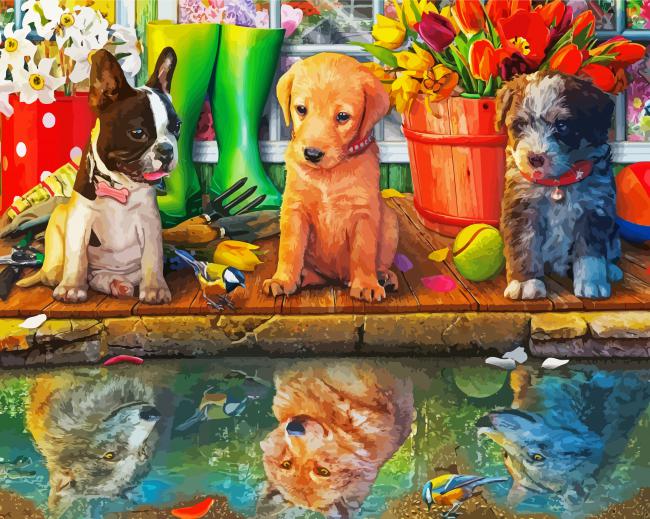 Puppies Water Reflection paint by numbers
