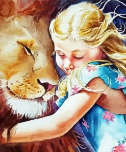 Blond Girl Hugging Lion paint by numbers