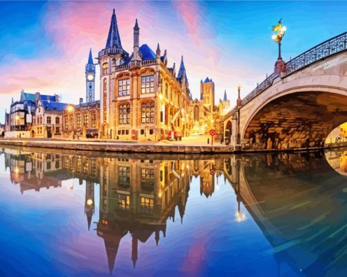 Ghent Buildings And Bridge Reflection paint by numbers