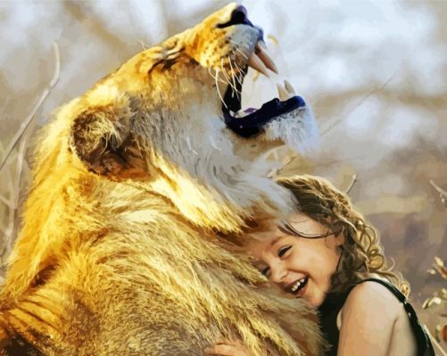 Little Girl Hugging Lion paint by numbers