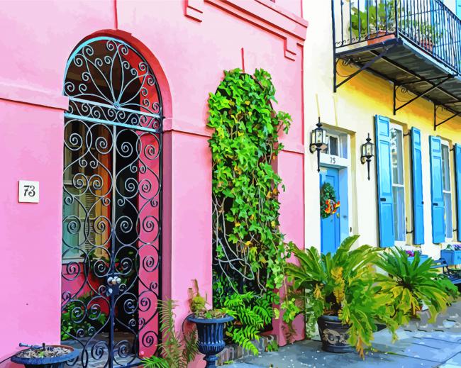 Rainbow Row Houses paint by numbers