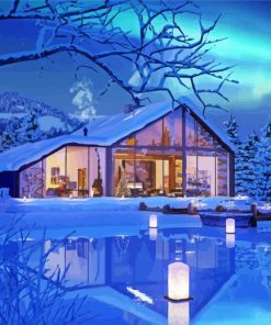 Winter Snowy Lake Cabin paint by numbers