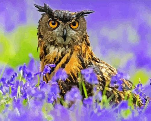 Owl Bird Between Flowers paint by numbers