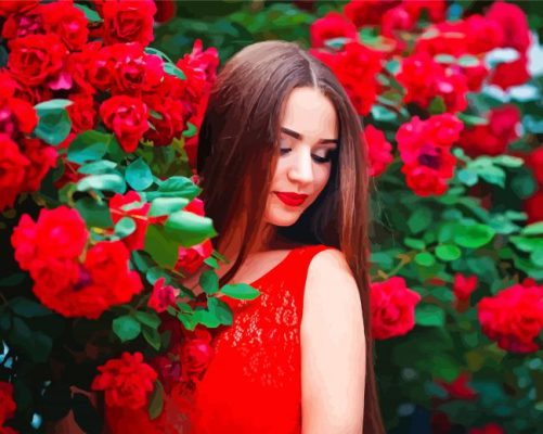 Aesthetic Woman With Red Flowers paint by numbers