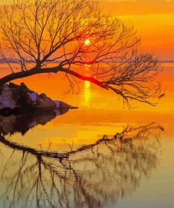 Beautiful Tree By Water At Sunset paint by numbers