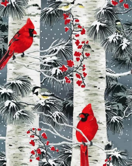 Birch Trees And Birds paint by numbers