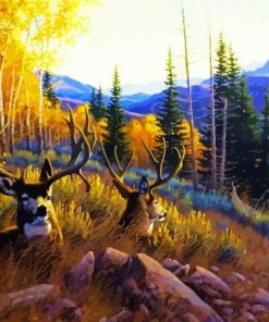 Deers In Mountains And Birch Trees paint by numbers