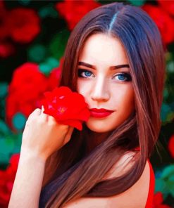 Gorgeous Woman With Red Flowers paint by numbers