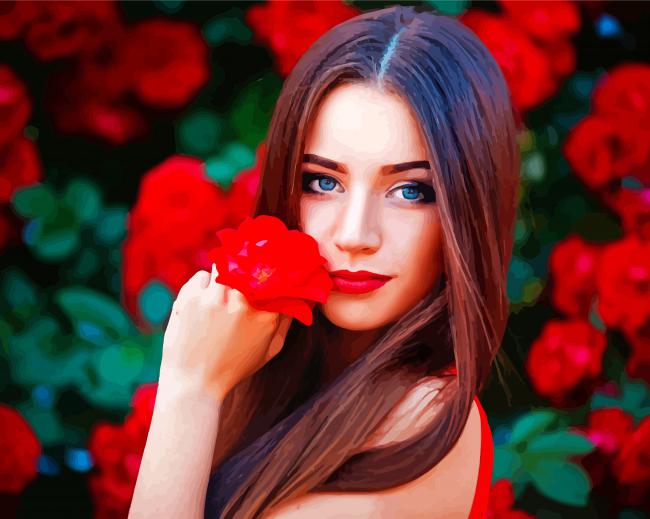 Gorgeous Woman With Red Flowers paint by numbers