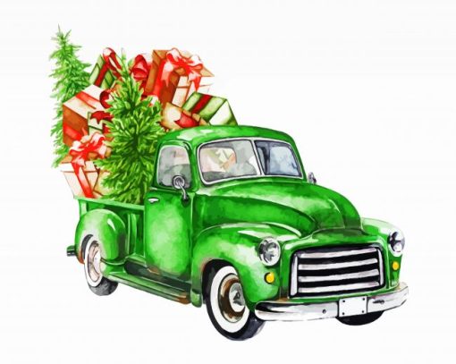 Green Vintage Christmas Truck paint by numbers